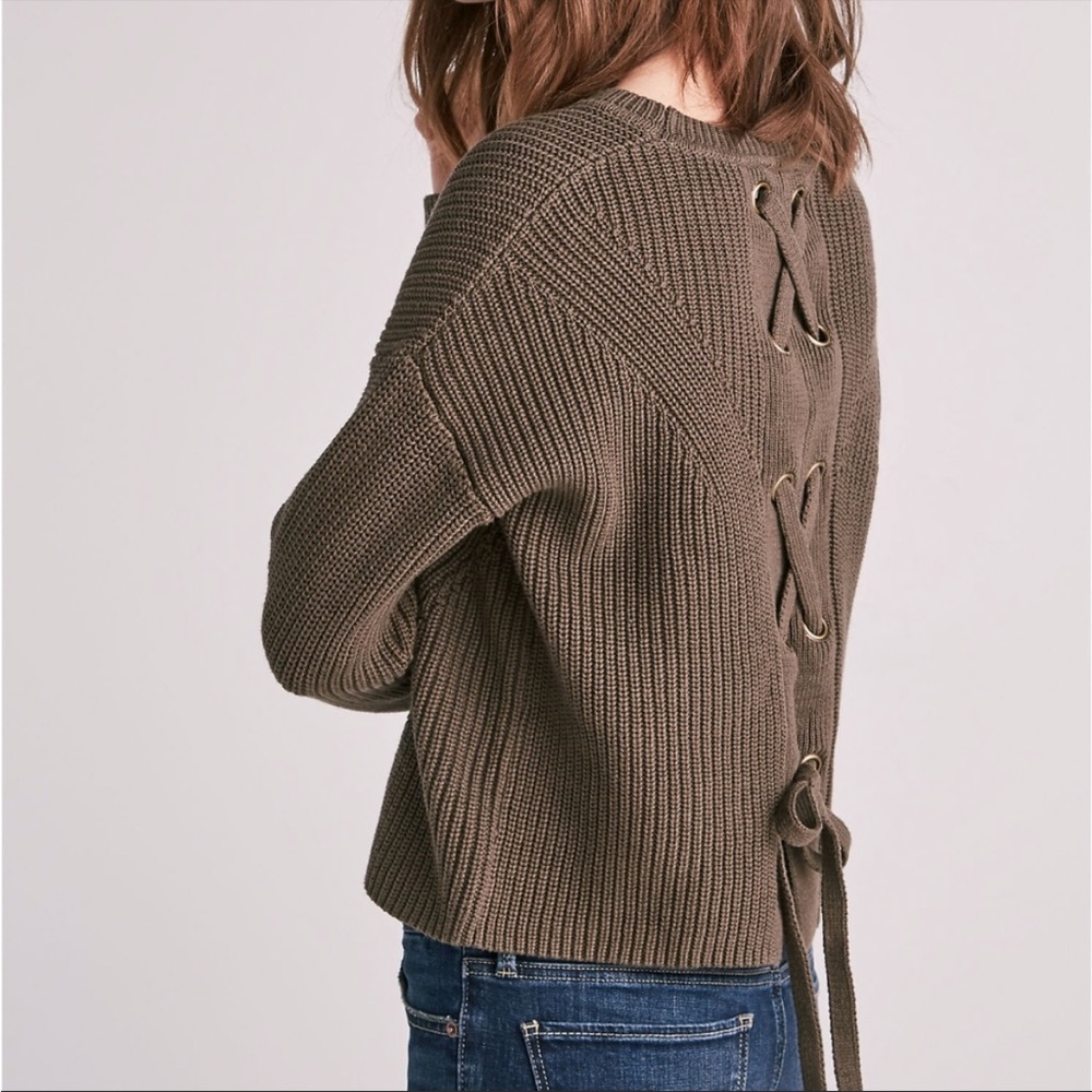 Lucky Brand Olive Lace-Up Back Crewneck Sweater
